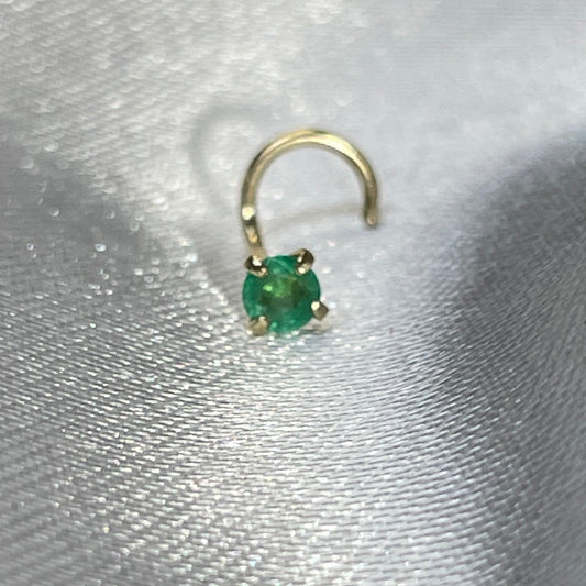 2.5mm Natural Round Colombian Emerald and Solid 14K Yellow Curved Nose Stud