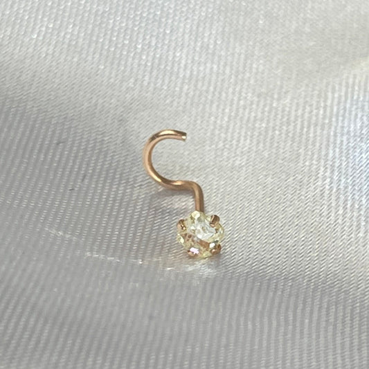 2mm Natural Cushion Cut Yellow Diamond .06CT and Solid 14K Rose Gold Curved Nose Stud