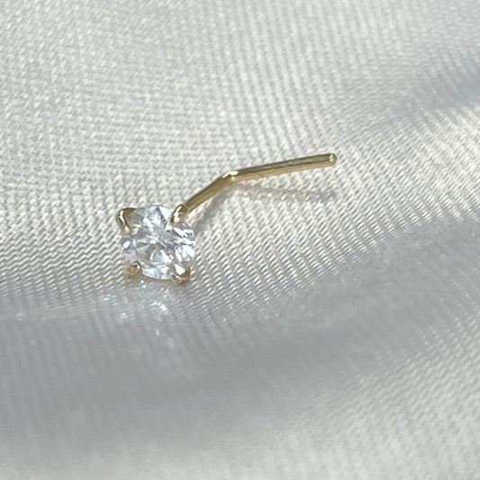 3mm .10CT Natural White Round Diamond Bent Solid 14K Yellow Gold Nose Stud