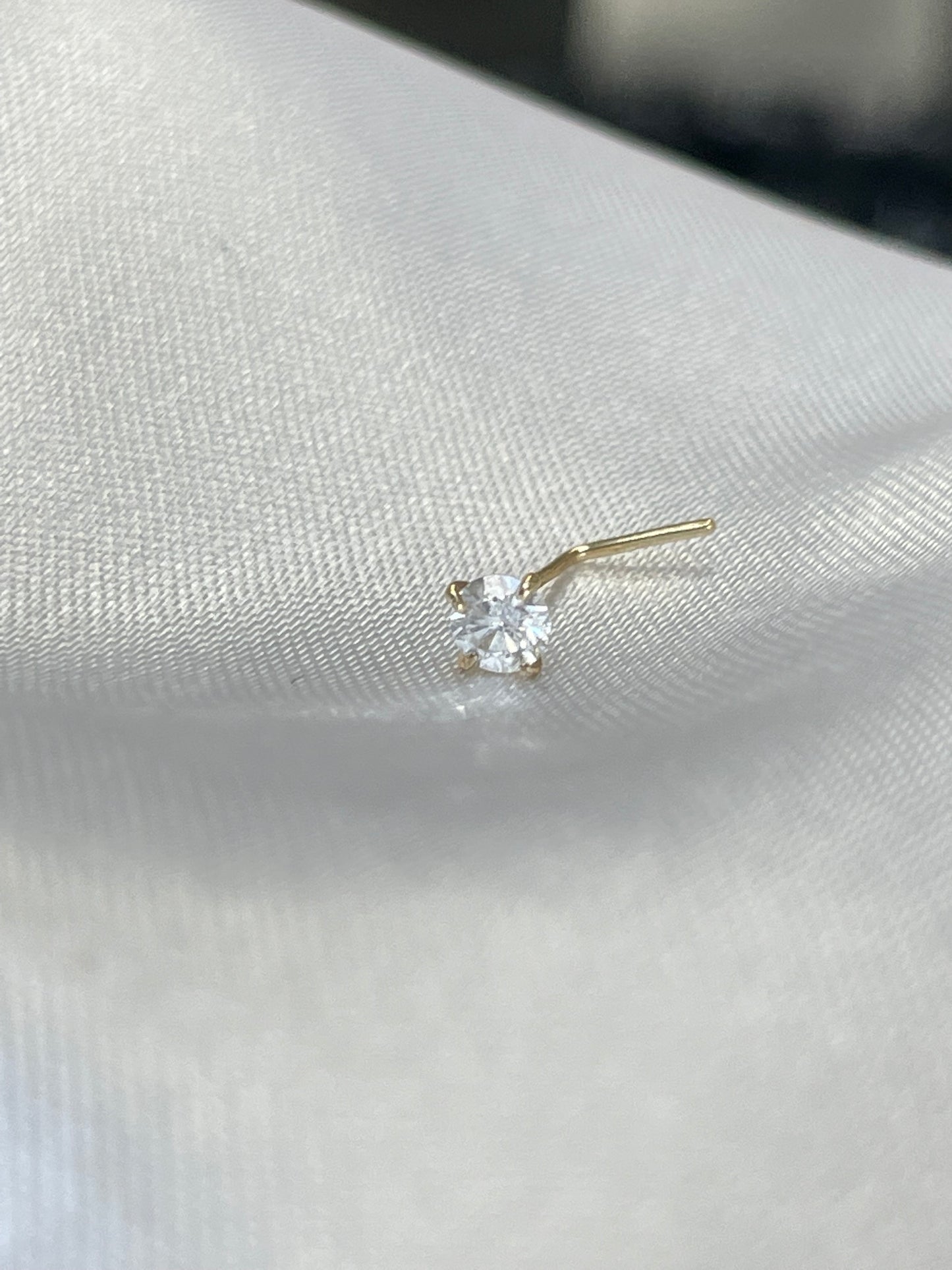 3mm .10CT Natural White Round Diamond Bent Solid 14K Yellow Gold Nose Stud