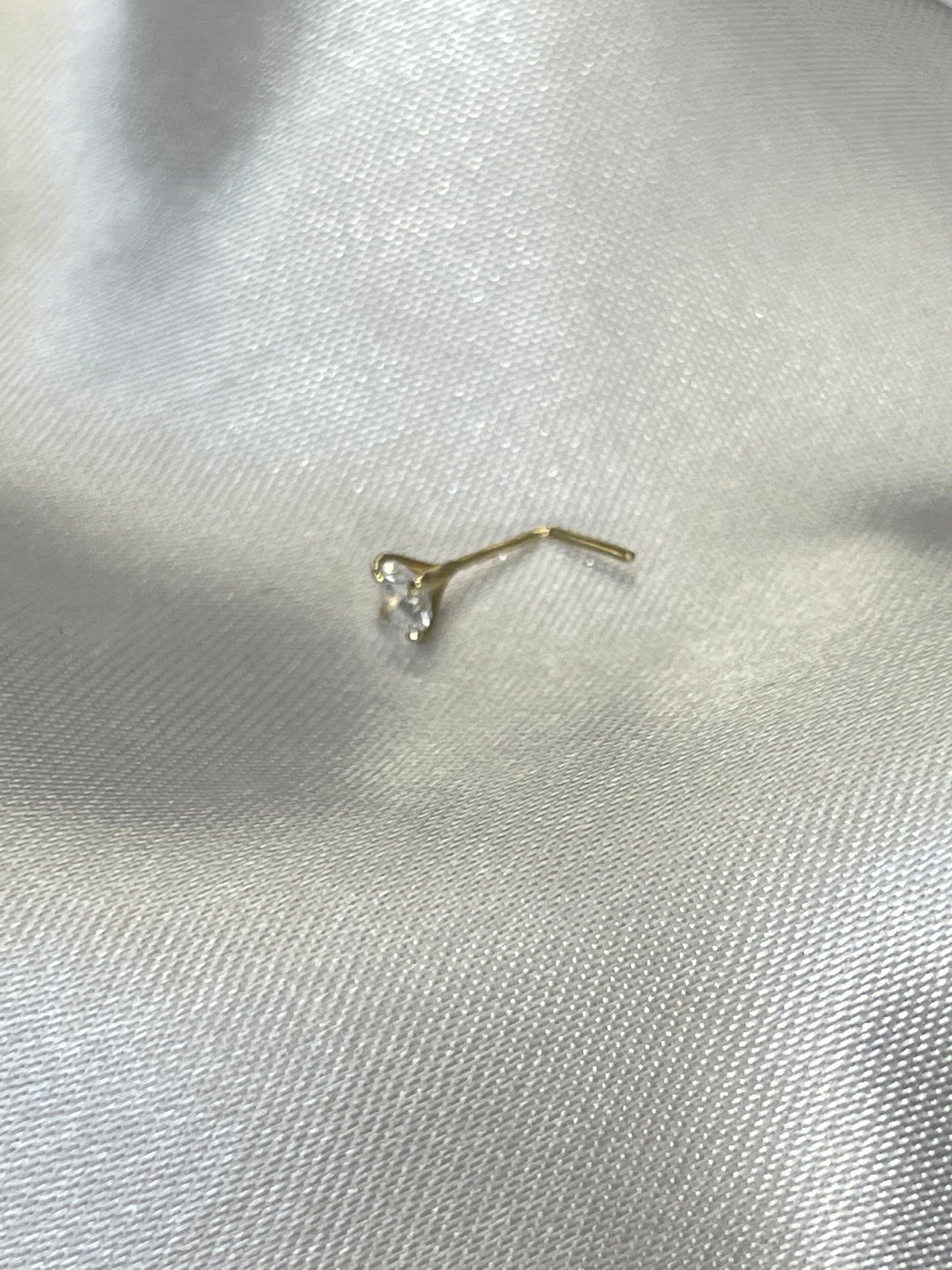 3mm .10CT Natural White Round Diamond Bent Solid 14K Yellow Gold Nose Stud