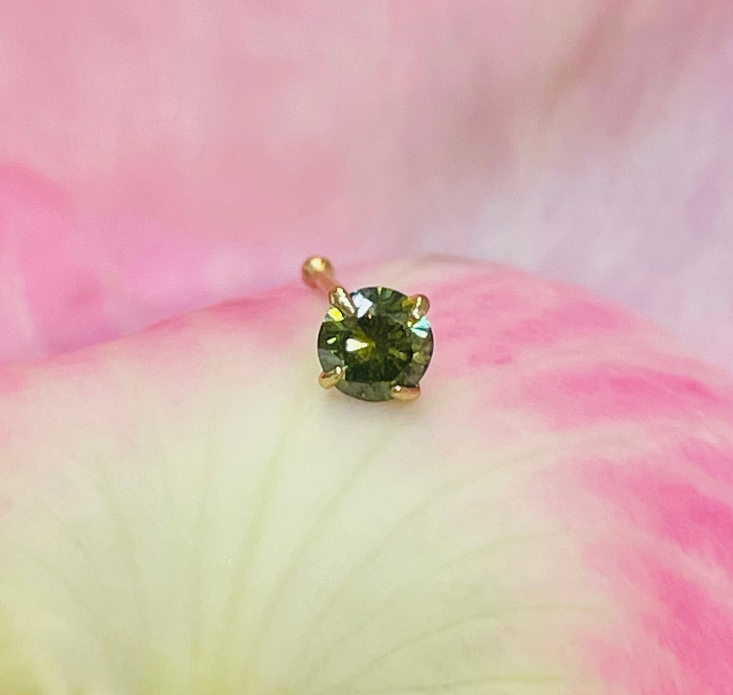 3MM .12CT Natural Green Diamond Straight Nose Stud 14K Yellow Gold